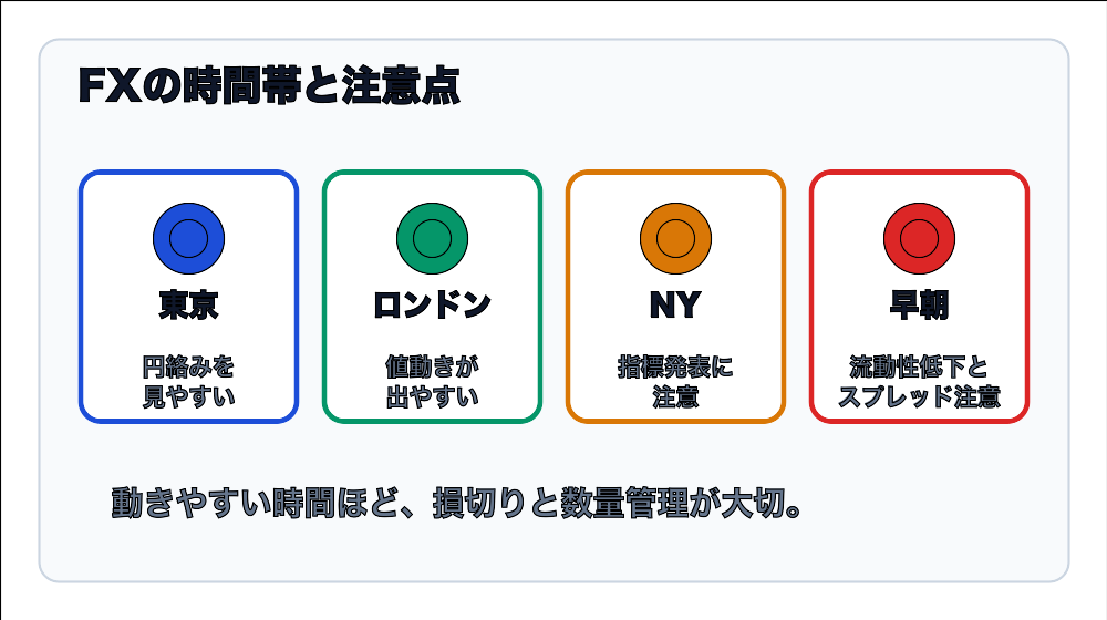 FXの東京・ロンドン・ニューヨーク・早朝時間帯の注意点の図